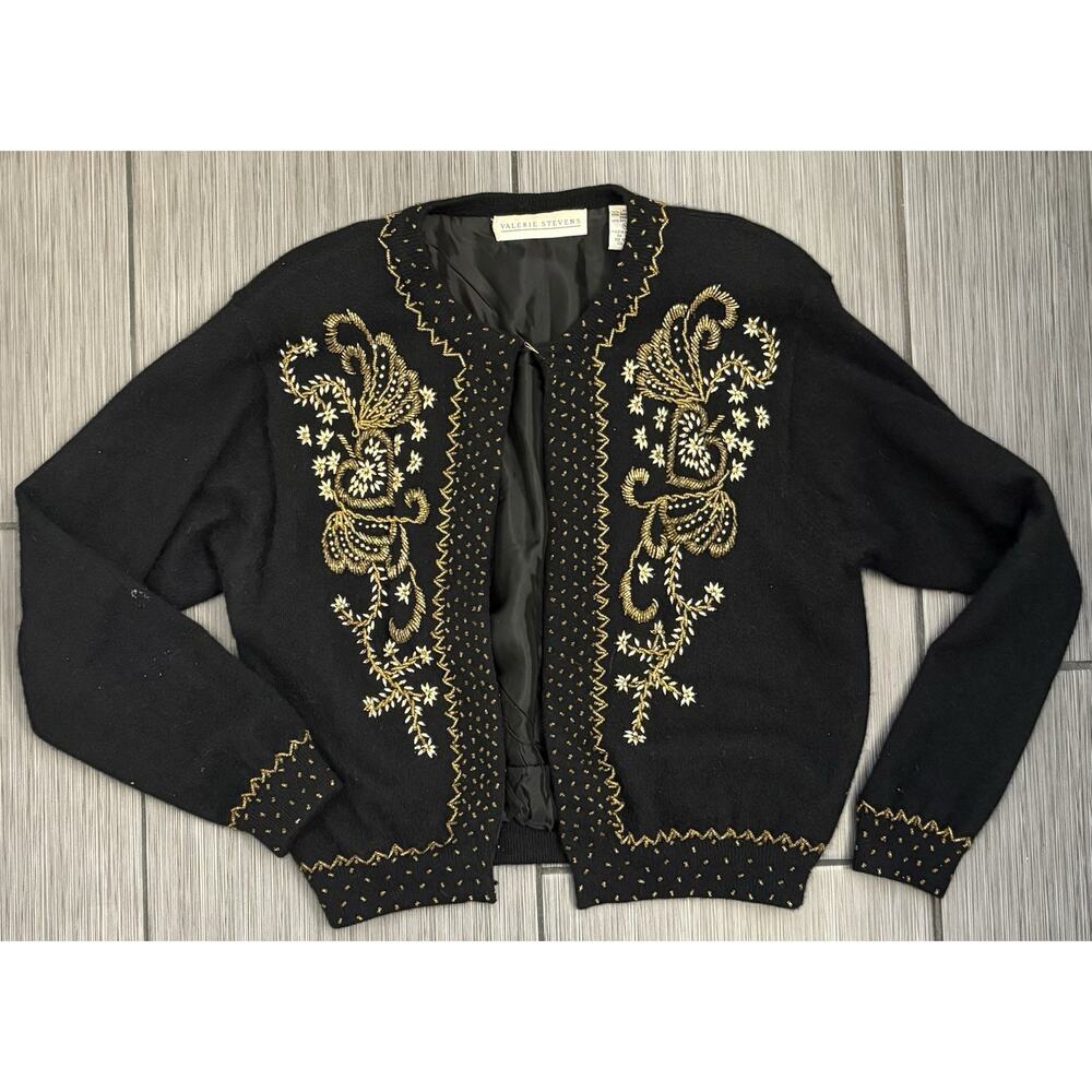Vintage Valerie Steven’s Black Beaded Cardigan Medium Lambswool/Angora Blend